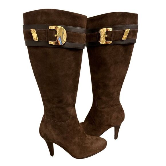 Cole Haan NikeAir Nicole Suede Heel Boots 6.5B Equestrian gold buckle dressy par - Picture 1 of 11
